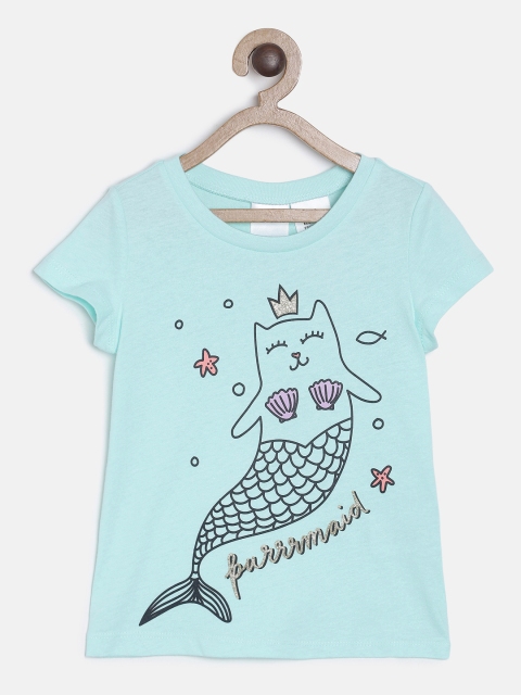 

OSHKOSH Bgosh Girls Turquoise Blue Printed Round Neck T-shirt