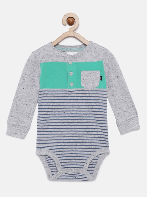 

OSHKOSH Bgosh Boys Grey Melange & Green Striped Bodysuit