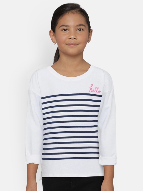 

OSHKOSH Bgosh Girls White & Navy Blue Striped Round Neck T-shirt