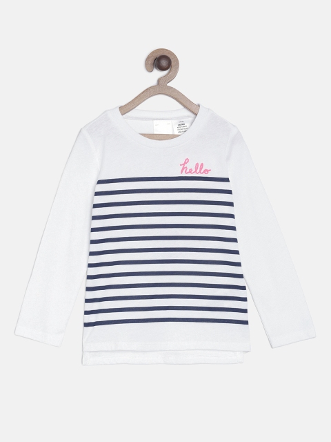 

OSHKOSH Bgosh Girls White & Navy Blue Striped Round Neck T-shirt