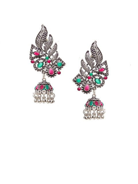 

PANASH Silver-Plated Green Oxidised Leaf Shaped Jhumkas