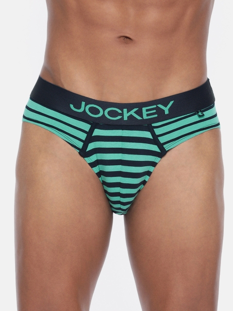 

Jockey Men Navy Blue & Sea Green Striped Briefs FP24-0105