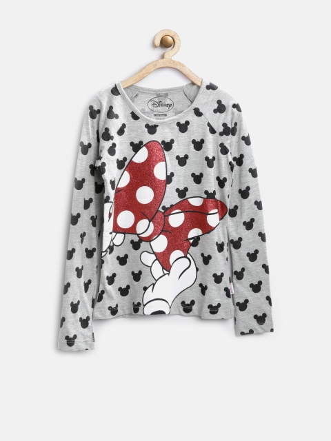 

Kids Ville Girls Grey & Black Mickey & Friends Printed Round Neck T-shirt, Grey melange