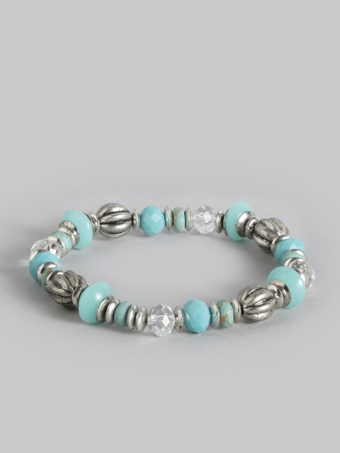 

Accessorize Turquoise Blue & Oxidised Silver-Toned Beaded & Textured Elasticated Bracelet