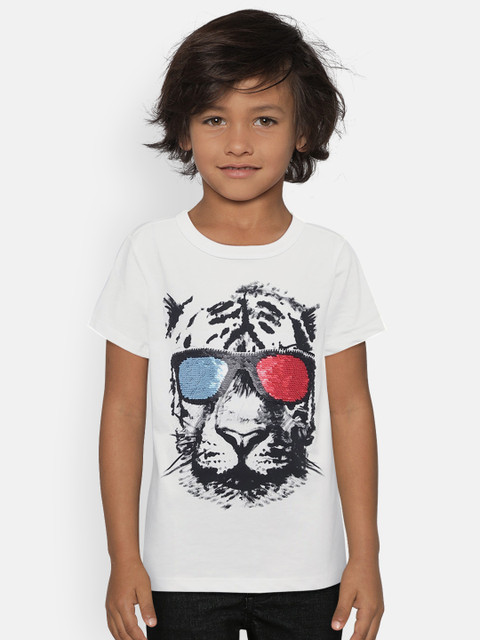 

OSHKOSH Bgosh Boys White Printed Round Neck T-shirt with Flippy Sequins