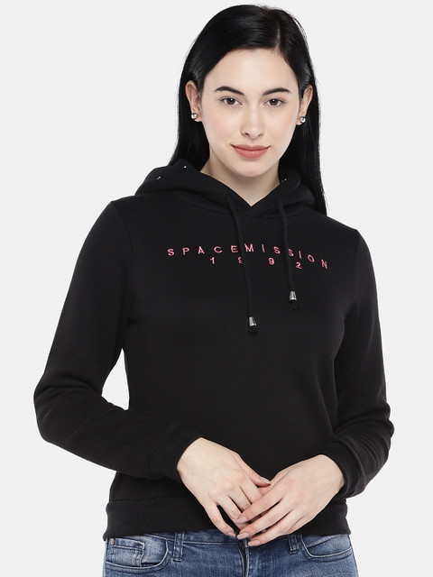 

Deal Jeans Women Black Printed Hooded Sweatshirt
