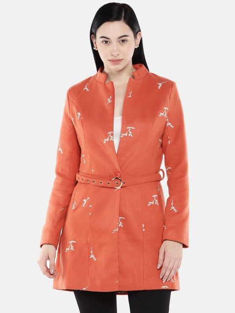 

Okane Women Rust Brown Printed Single-Breasted Peacoat