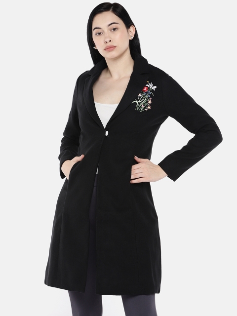 

Okane Women Black Solid Double-Breasted Peacoat