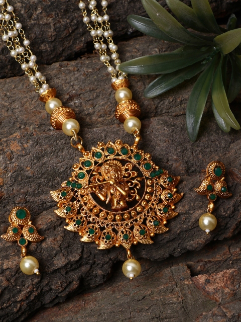 

ANIKAS CREATION Women Gold-Plated & Green Antique God Krishna Temple Jewellery Set