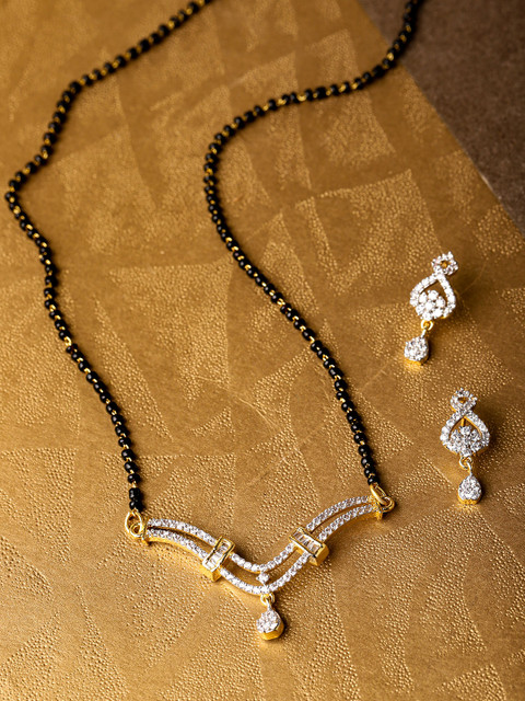 

Priyaasi Black Gold-Plated Beaded & AD Studded Mangalsutra & Earrings Set