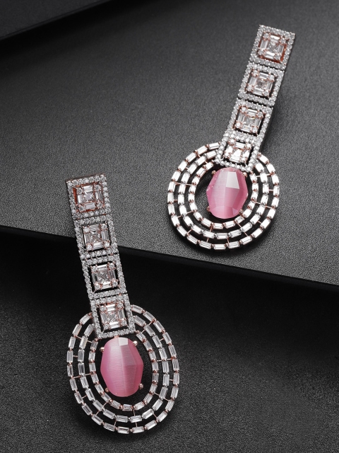 

Priyaasi Pink Rose Gold-Plated CZ & AD-Studded Handcrafted Oval Drop Earrings