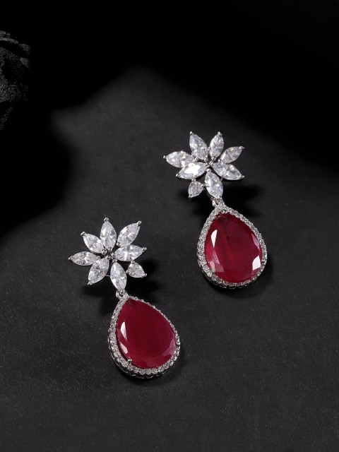 

Priyaasi Burgundy Silver Plated CZ Studded Handcrafted Teardrop Shaped Drop Earrings