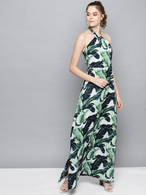

Trend Arrest Women Green & Navy Blue Tropical Printed Maxi Dress