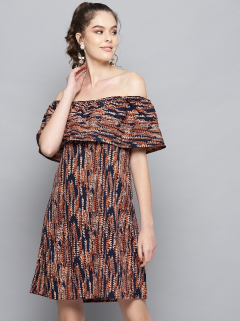 

Trend Arrest Women Navy Blue & Orange Printed Layered A-Line Dress