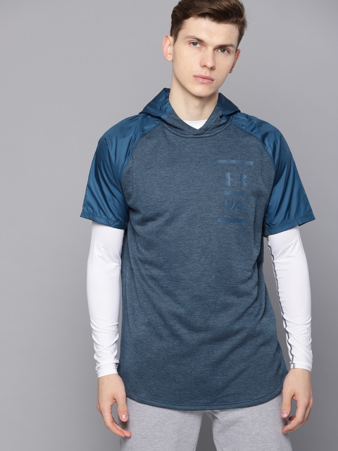 

UNDER ARMOUR Men Teal Blue MK1 Terry Hooded Solid T-shirt
