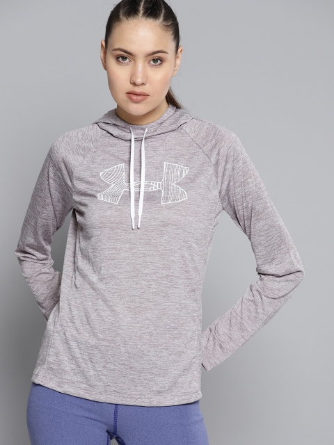 

UNDER ARMOUR Women Grey Melange Tech Hoody Graphic Printed Loose Fit T-shirt