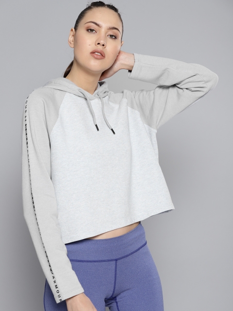 

UNDER ARMOUR Women Grey Microthread Ottoman Fleece Self-Striped Loose Hoodie Sweatshirt