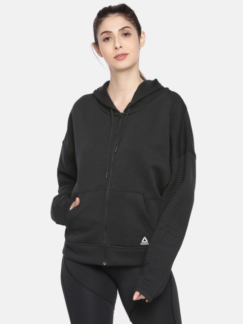 

Reebok Women Black Solid WOR Versatile Fullzip Hooded Sweatshirt