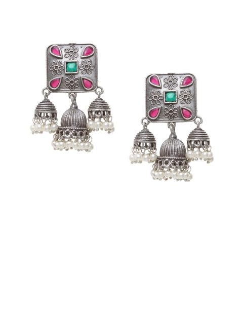 

PANASH Silver-Plated Square Oxidized Jhumkas