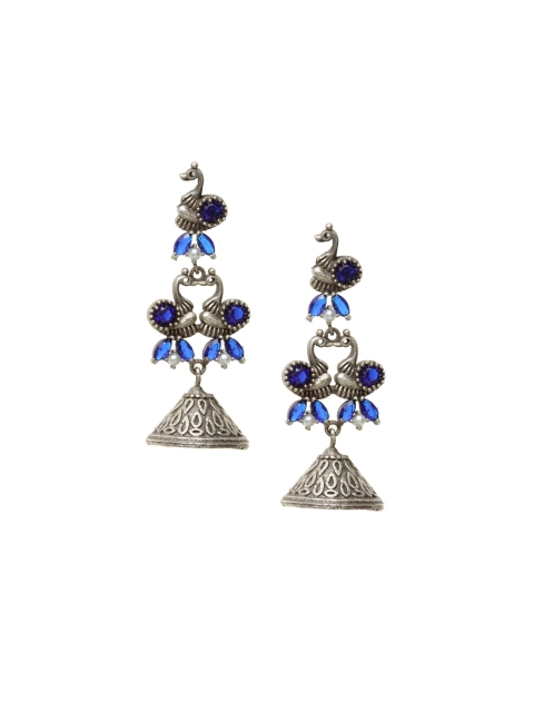 

PANASH Blue Silver-Plated Stone-Studded Oxidised Peacock Shaped Jhumkas