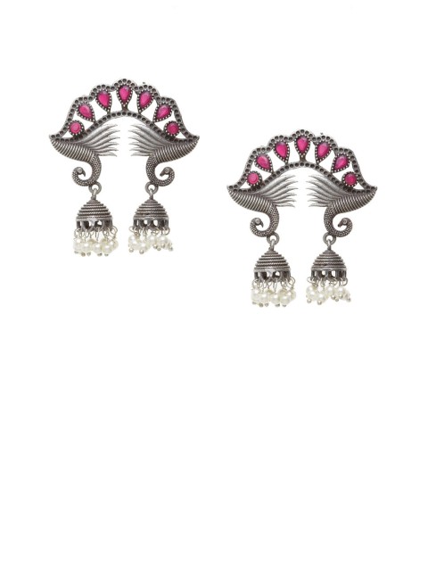 

PANASH Silver-Plated Pink Oxidised Peacock Shaped Drop Earrings