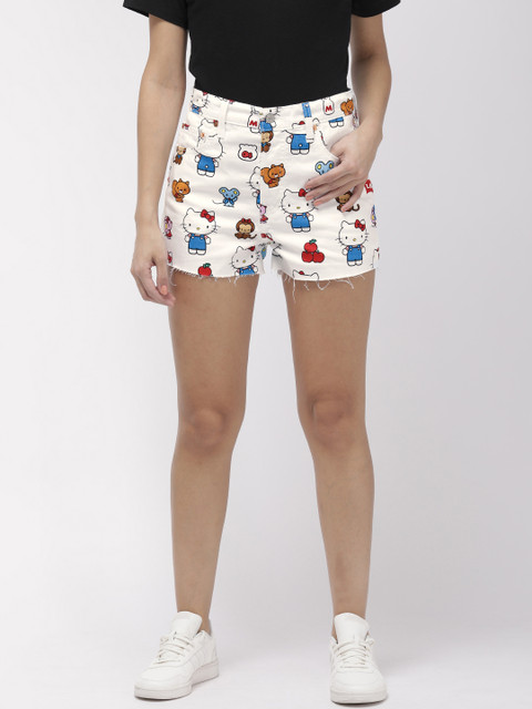 

Levis Women White & Blue Printed Regular Fit Denim Ribcage Shorts