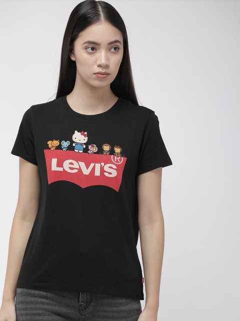 

Levis Women Black Red Printed Round Neck Pure Cotton T-shirt