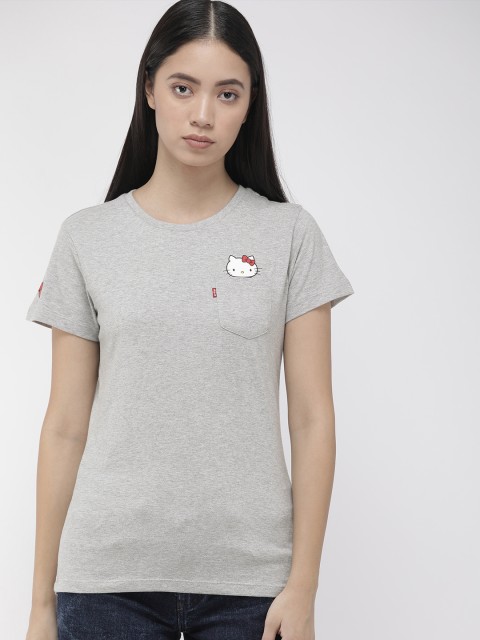 

Levis x Hello Kitty Women Grey Melange Solid Round Neck Sunset Pocket Pure Cotton T-shirt
