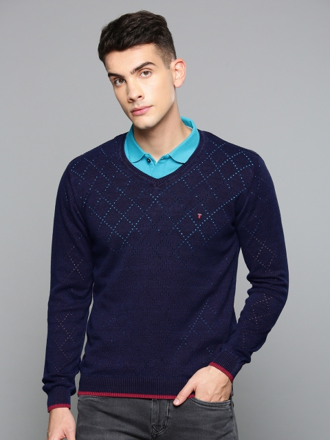 

Louis Philippe Jeans Men Navy Blue Self Design Sweater