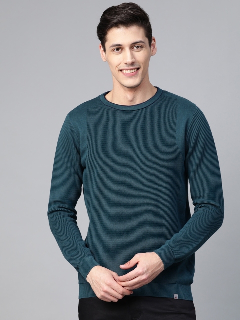 

Louis Philippe Jeans Men Teal Green Ribbed Pullover Sweater