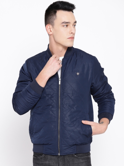 

Louis Philippe Men Navy Blue Solid Quilted Bomber Jacket