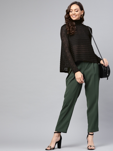 

Femella Women Black Semi-Sheer Self-Striped Winter High-Low Top