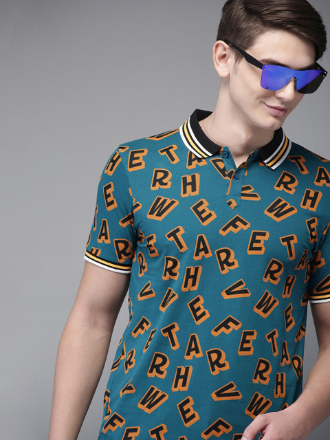 

HERE&NOW Men Teal Blue Printed Polo T-shirt