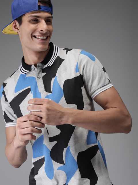 

HERE&NOW Men Grey & Black Printed Polo T-shirt