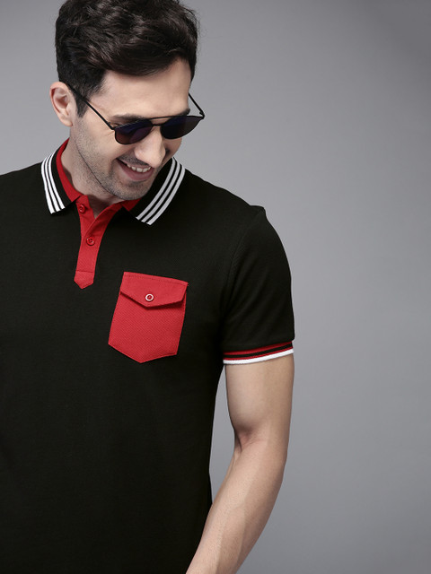 

HERE&NOW Men Black Solid Polo T-shirt