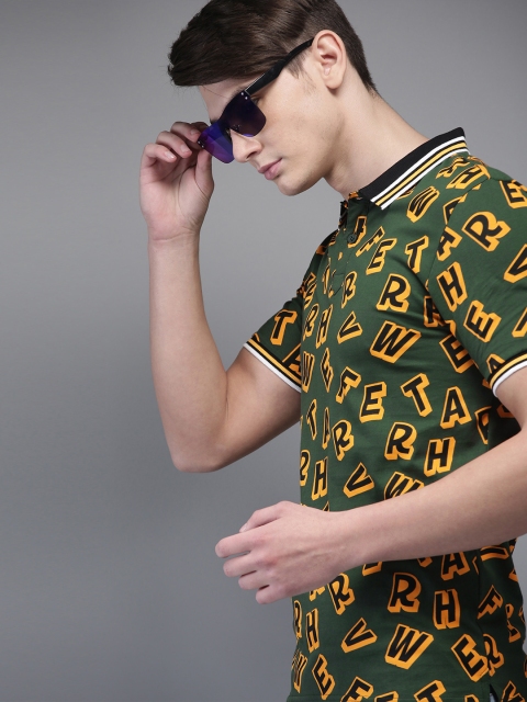 

HERE&NOW Men Olive Green & Yellow Printed Polo T-shirt