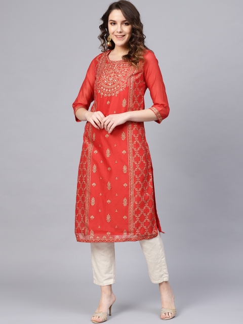 

Biba Women Red & Golden Printed Straight Kurta