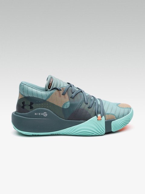 

UNDER ARMOUR Men Teal Green & Yellow Spawn Low Checked & Striped Basketball Shoes