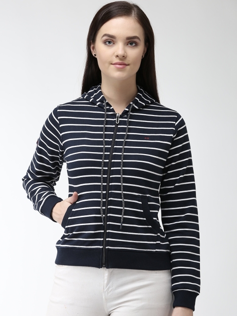 

Okane Women Navy Blue & White Striped Hooded Sweatshirt