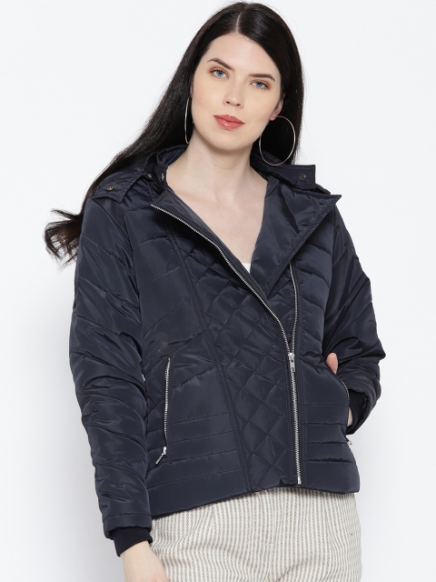 

Okane Women Navy Blue Solid Hooded Quilted Jacket