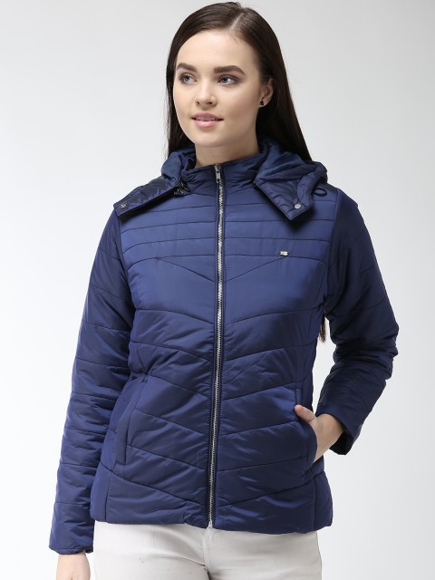 

Okane Women Navy Blue Solid Padded Jacket with Detachable Hood