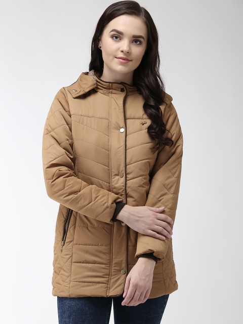 

Okane Women Camel Brown Solid Padded Jacket with Detachable Hood