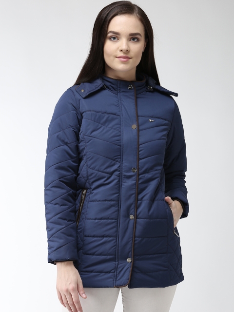 

Okane Women Navy Blue Solid Padded Jacket with Detachable Hood