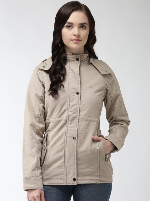 

Okane Women Beige Solid Tailored Jacket with Detachable Hood