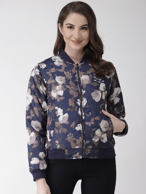 

Okane Women Navy Blue & Off-White Floral Printed Bomber Jacket