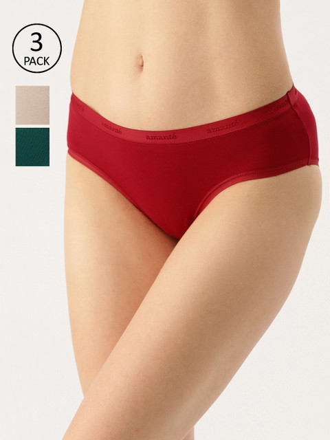 

Amante Women Pack of 3 Solid Low Rise Hipster Briefs PPK43001, Red