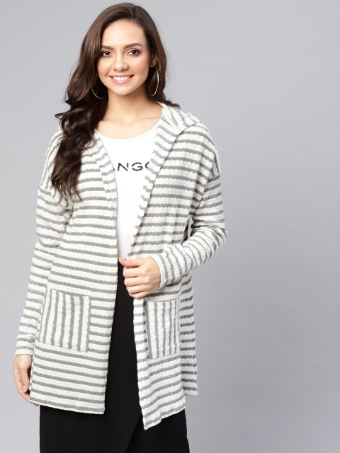 

Femella Women Grey & Off-White Striped Hooded Open Front Shrug
