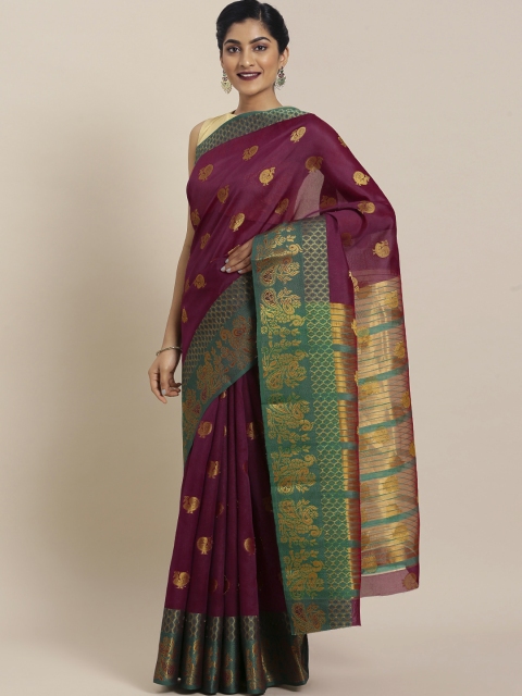 

Pisara Burgundy & Gold-Toned Silk Cotton Woven Design Chanderi Saree