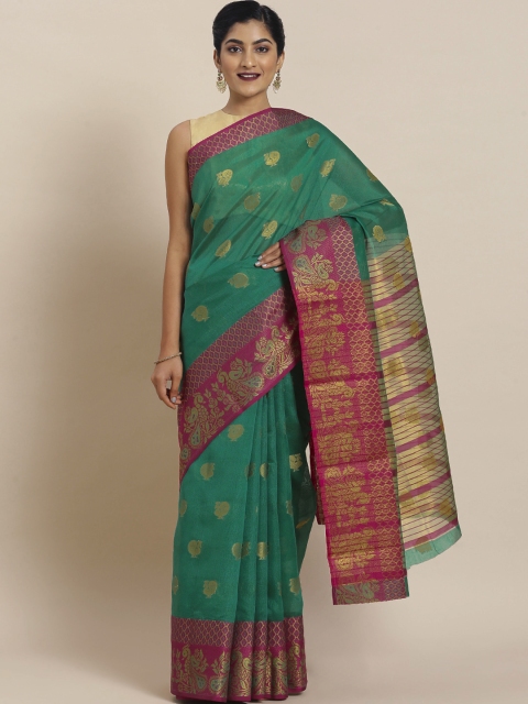 

Pisara Green & Magenta Silk Cotton Woven Design Chanderi Saree