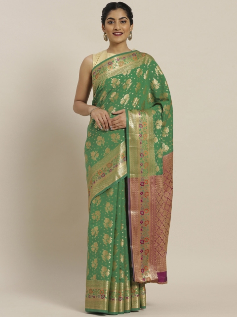 

Pisara Green & Gold-Toned Silk Cotton Woven Design Banarasi Saree